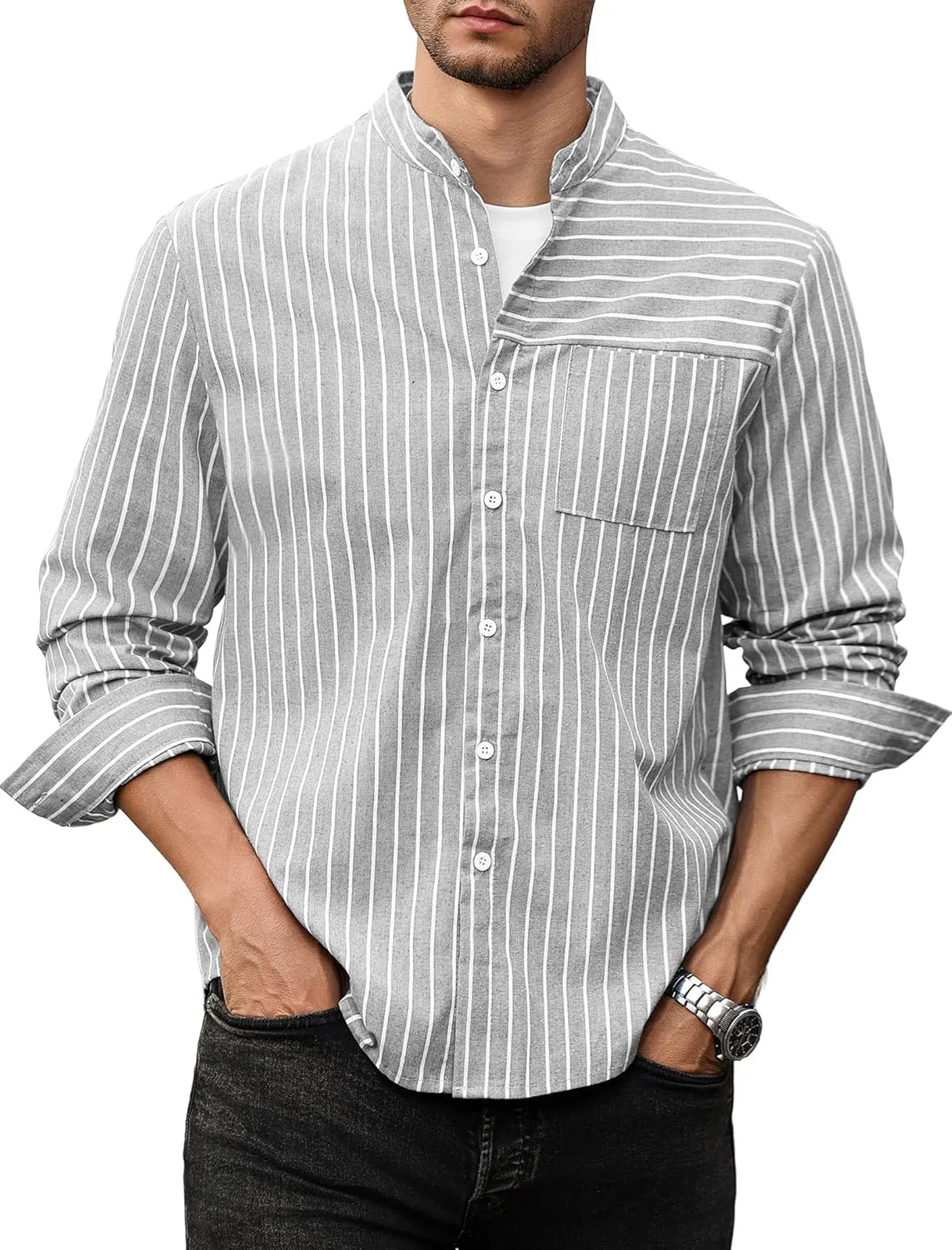 ZAFUL Men's Casual Button-Down Shirts Long Sleeve Striped Cuban Guayabera Banded Collar with Pocket All-Day Shirt Tops