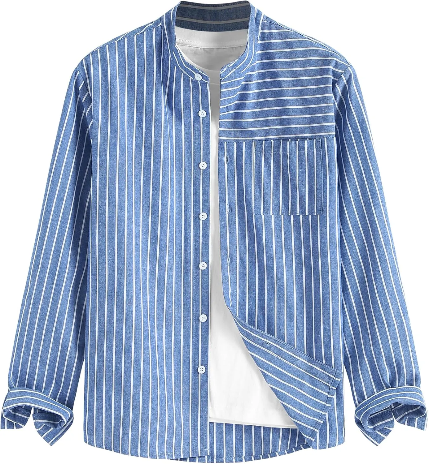 ZAFUL Men's Casual Button-Down Shirts Long Sleeve Striped Cuban Guayabera Banded Collar with Pocket All-Day Shirt Tops