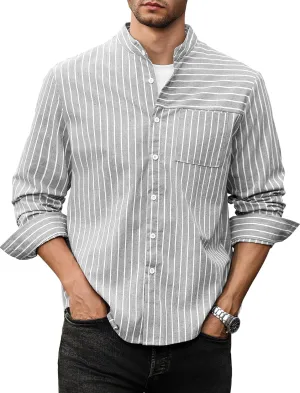 ZAFUL Men's Casual Button-Down Shirts Long Sleeve Striped Cuban Guayabera Banded Collar with Pocket All-Day Shirt Tops