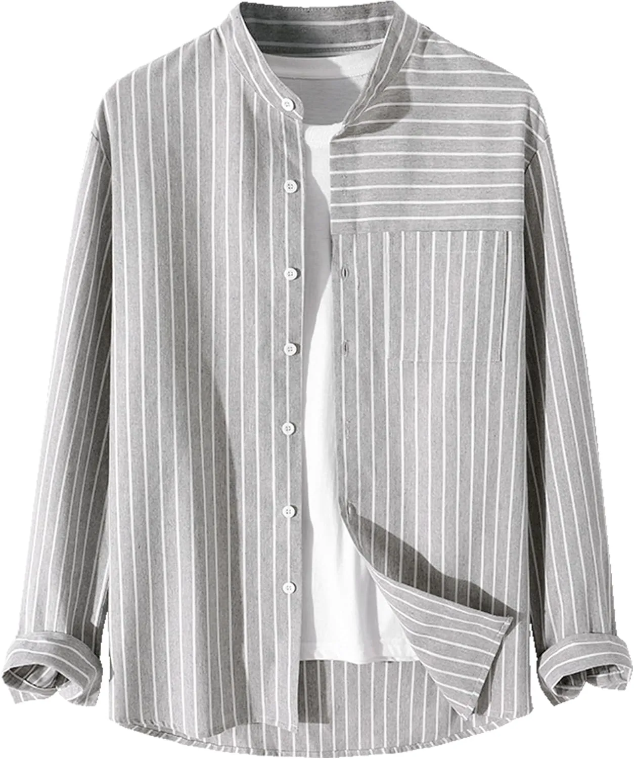 ZAFUL Men's Casual Button-Down Shirts Long Sleeve Striped Cuban Guayabera Banded Collar with Pocket All-Day Shirt Tops