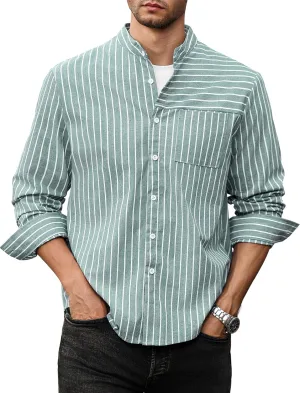 ZAFUL Men's Casual Button-Down Shirts Long Sleeve Striped Cuban Guayabera Banded Collar with Pocket All-Day Shirt Tops