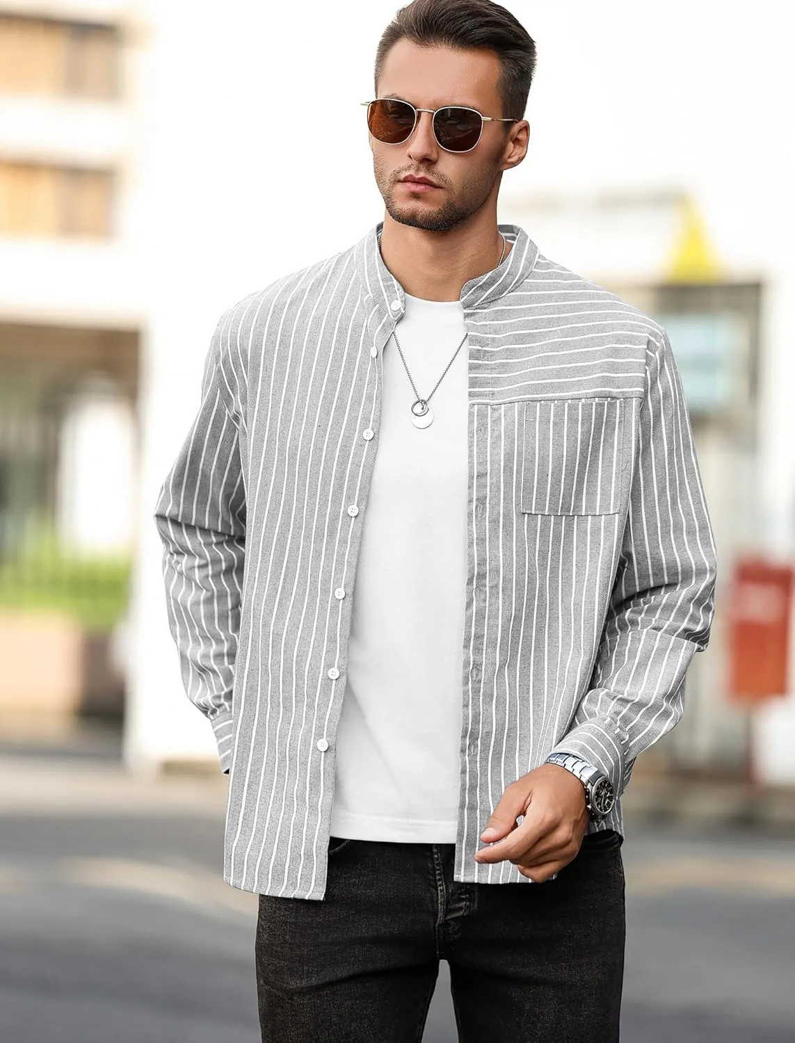 ZAFUL Men's Casual Button-Down Shirts Long Sleeve Striped Cuban Guayabera Banded Collar with Pocket All-Day Shirt Tops