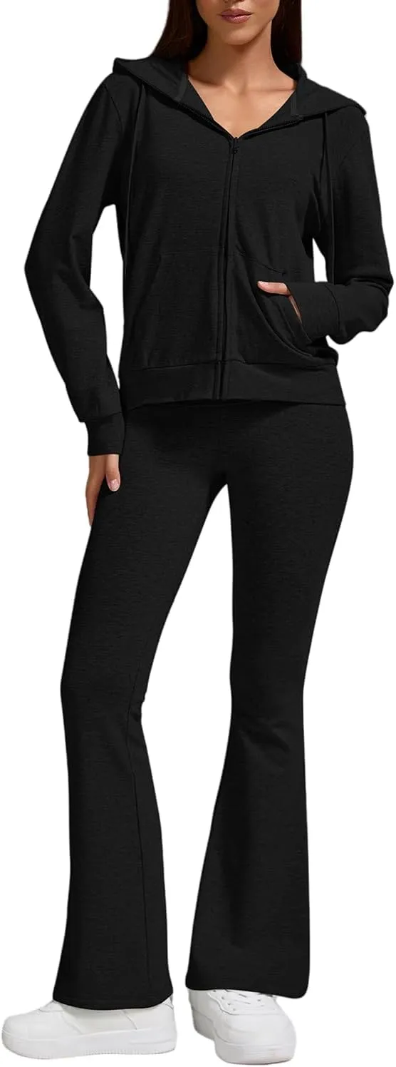 ZFLM Casual Workout Two Piece Outfits for Women Zip Up Hoodies High Waist Foldover Flare Pants Tracksuit Sets Streetwear