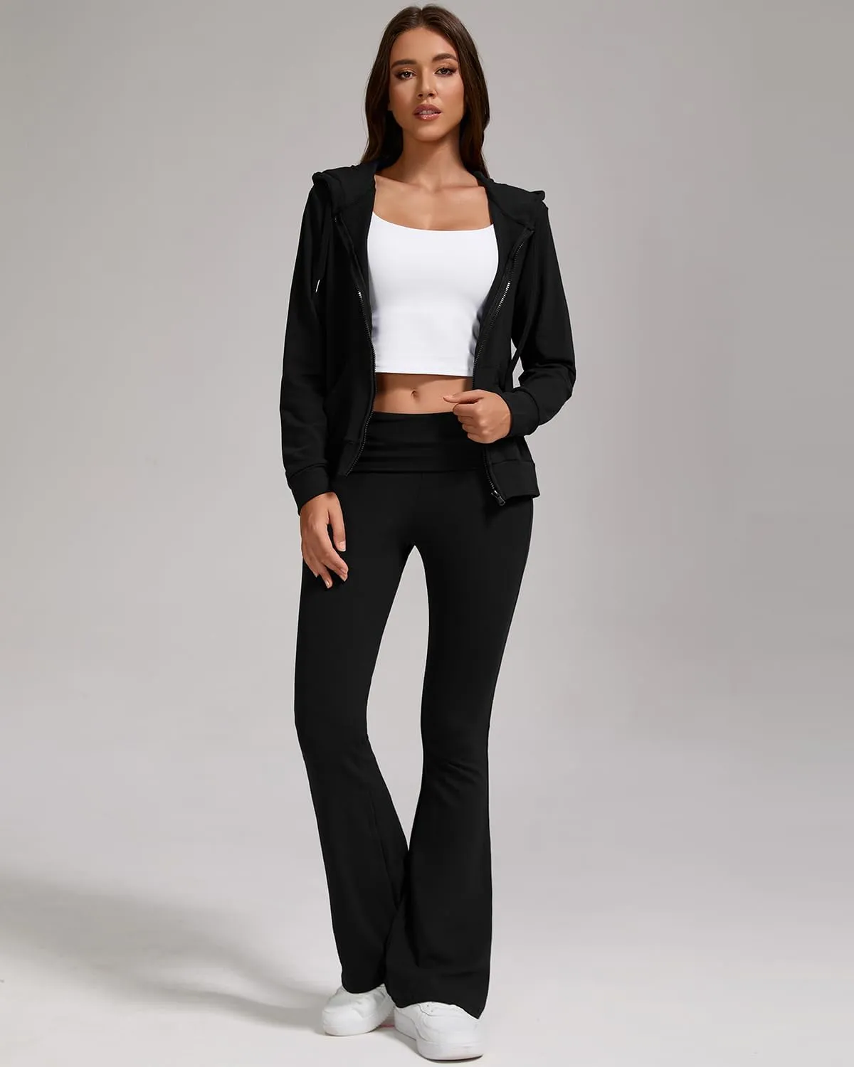 ZFLM Casual Workout Two Piece Outfits for Women Zip Up Hoodies High Waist Foldover Flare Pants Tracksuit Sets Streetwear