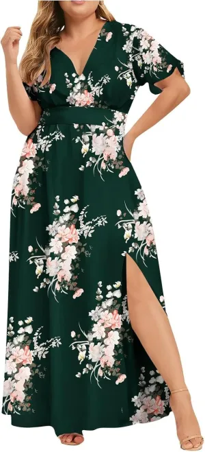 ZYXTIM Oversize Floral Casual Dress for Women Plus Size Deep V Neck High Split Maxi Dresses Wedding Guest Vacation Outfits