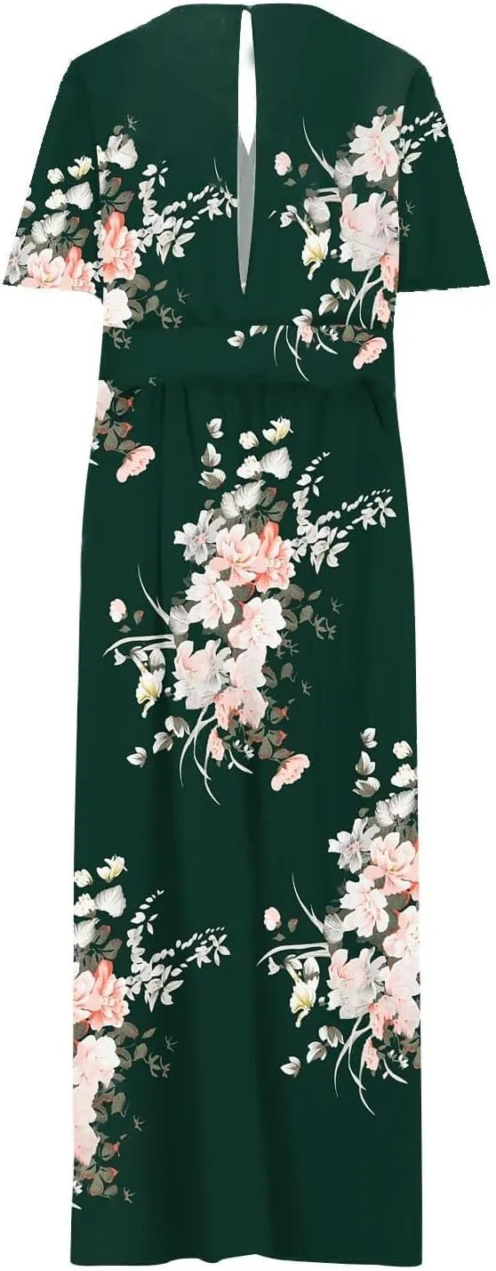 ZYXTIM Oversize Floral Casual Dress for Women Plus Size Deep V Neck High Split Maxi Dresses Wedding Guest Vacation Outfits