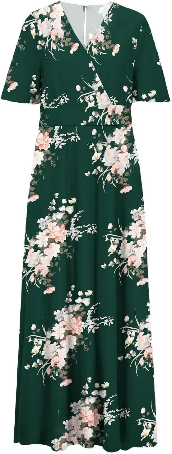 ZYXTIM Oversize Floral Casual Dress for Women Plus Size Deep V Neck High Split Maxi Dresses Wedding Guest Vacation Outfits