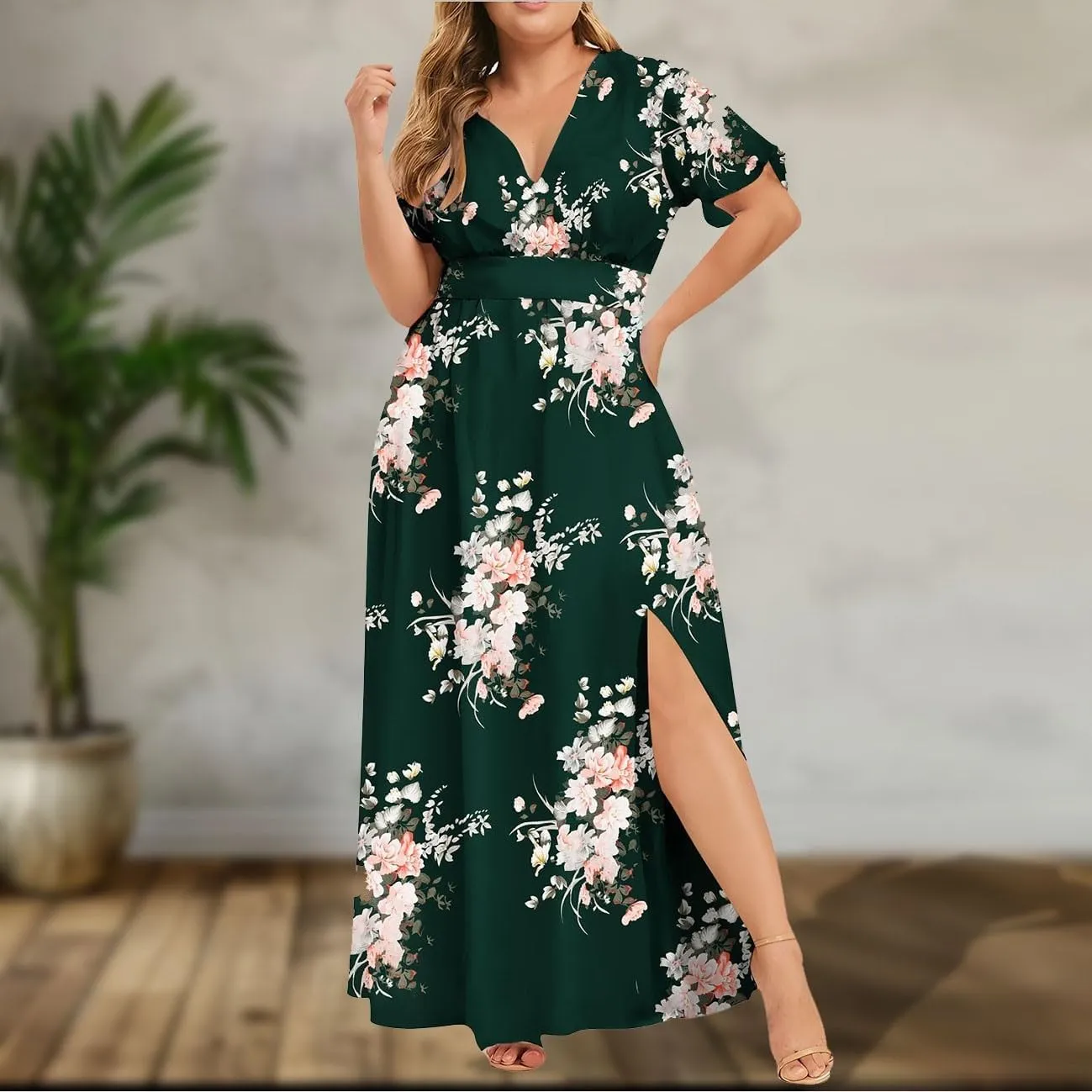 ZYXTIM Oversize Floral Casual Dress for Women Plus Size Deep V Neck High Split Maxi Dresses Wedding Guest Vacation Outfits